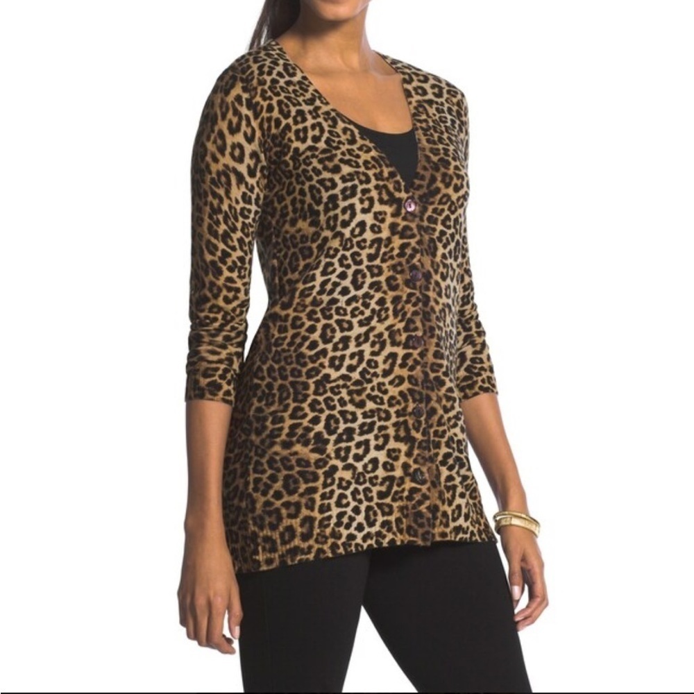 Chico's Peyton Animal Print V-Neck Boyfriend Cardigan Black/Brown M/8